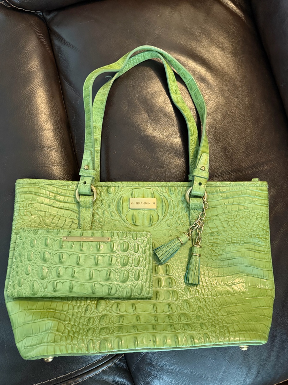 Brahmin Lime Croc-Embossed Leather Tote with Tassel Charm, and matching wallet.